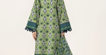 Women's 3-Piece Printed Lawn Suit – Olive Green Ikat Tribal Print with Tassels & Floral Dupatta