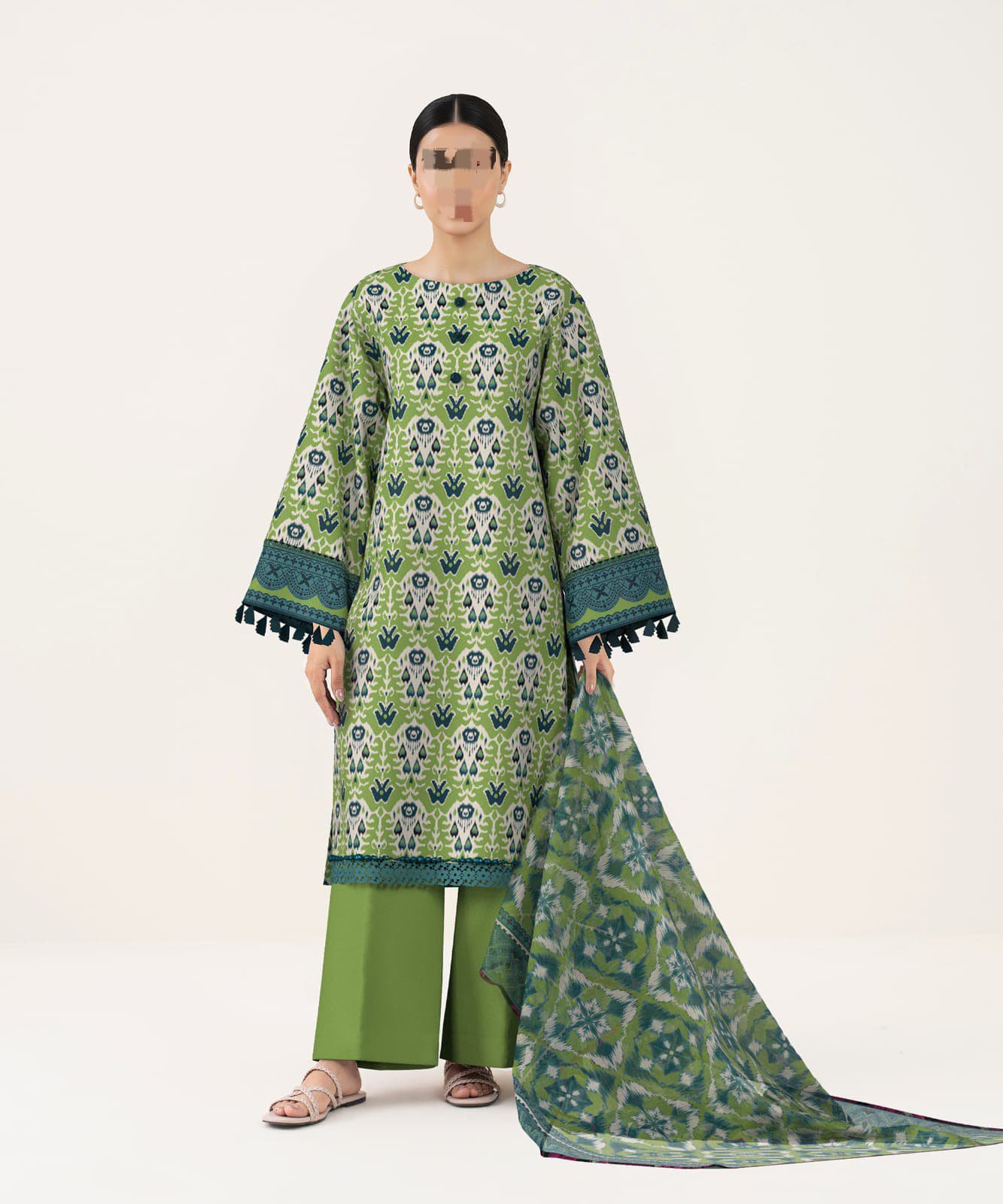 Women's 3-Piece Printed Lawn Suit – Olive Green Ikat Tribal Print with Tassels & Floral Dupatta