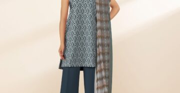 Women's 3-Piece Printed Lawn Suit – White & Teal Ikat Diamond Print with Zigzag Dupatta