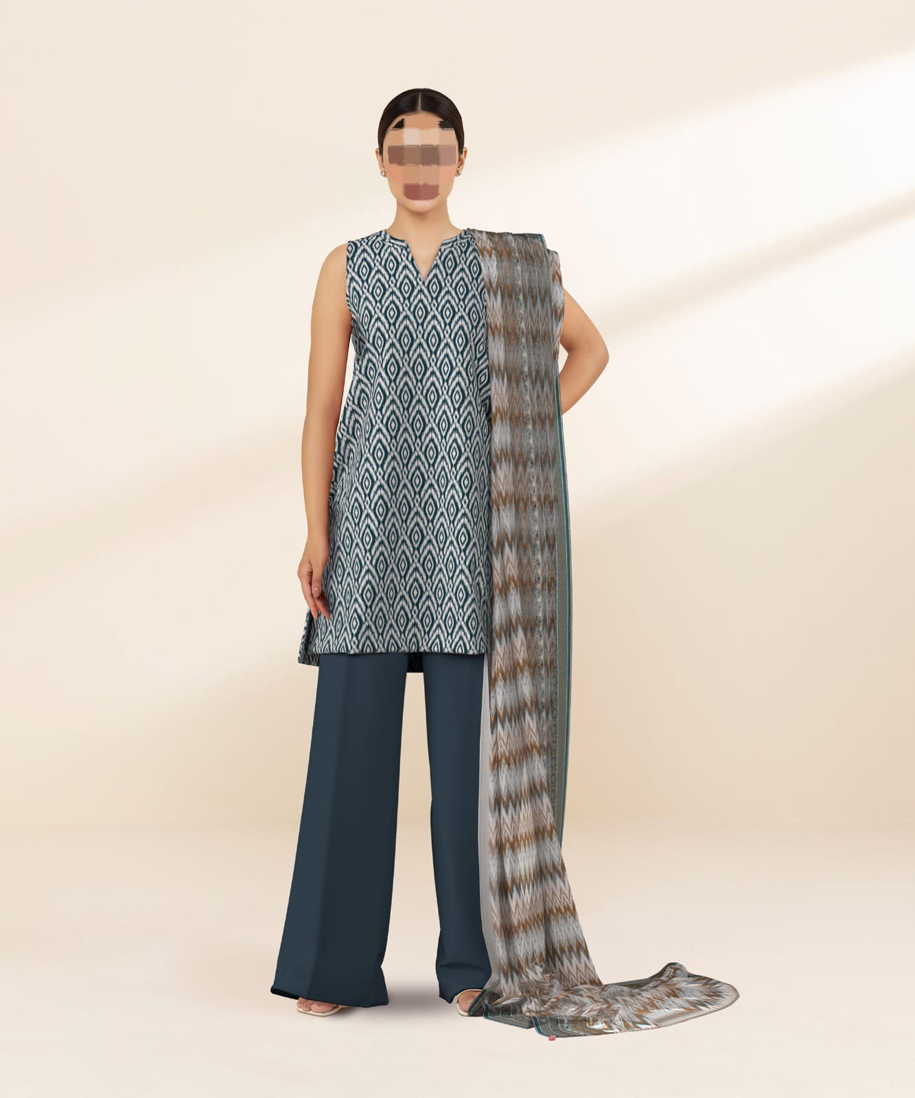 Women's 3-Piece Printed Lawn Suit – White & Teal Ikat Diamond Print with Zigzag Dupatta