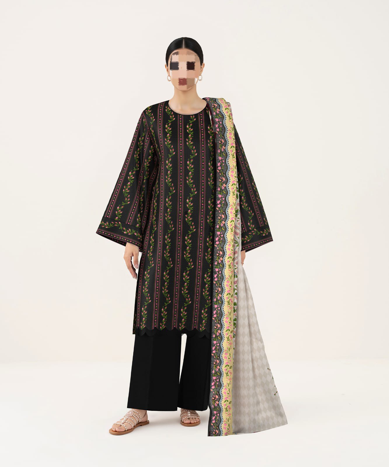 Women's 3-Piece Printed Lawn Suit – Teal Green Circle Geo Print with Floral Border Dupatta