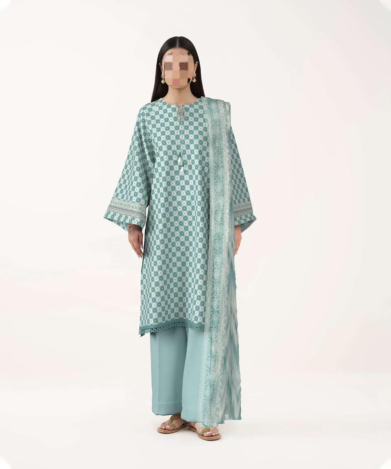 Women's 3-Piece Printed Lawn Suit – Teal Green Circle Geo Print with Floral Border Dupatta
