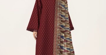 Women's 3-Piece Printed Lawn Suit – Maroon Diamond Pattern with Ikat Dupatta