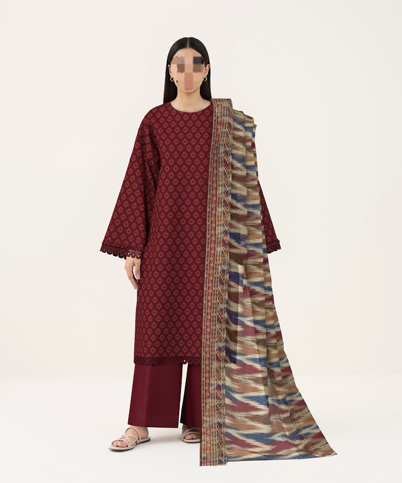 Women's 3-Piece Printed Lawn Suit – Maroon Diamond Pattern with Ikat Dupatta