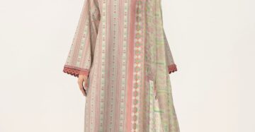 Women's 3-Piece Printed Lawn Suit – Cream & Pink Vertical Stripe with Floral Dupatta