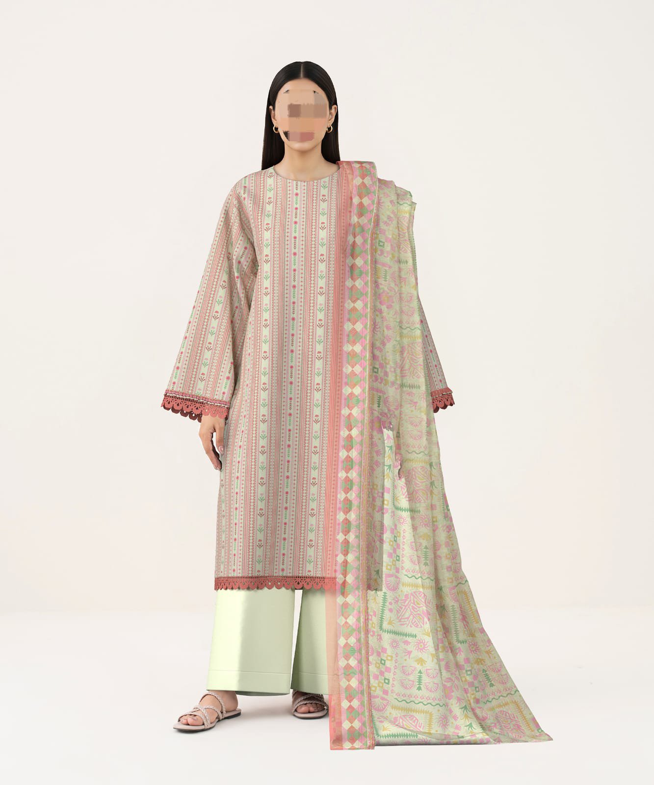 Women's 3-Piece Printed Lawn Suit – Cream & Pink Vertical Stripe with Floral Dupatta
