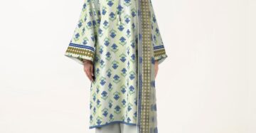 Women's 3-Piece Printed Lawn Suit – Mint Green & Blue Floral Motif with Geometric Dupatta