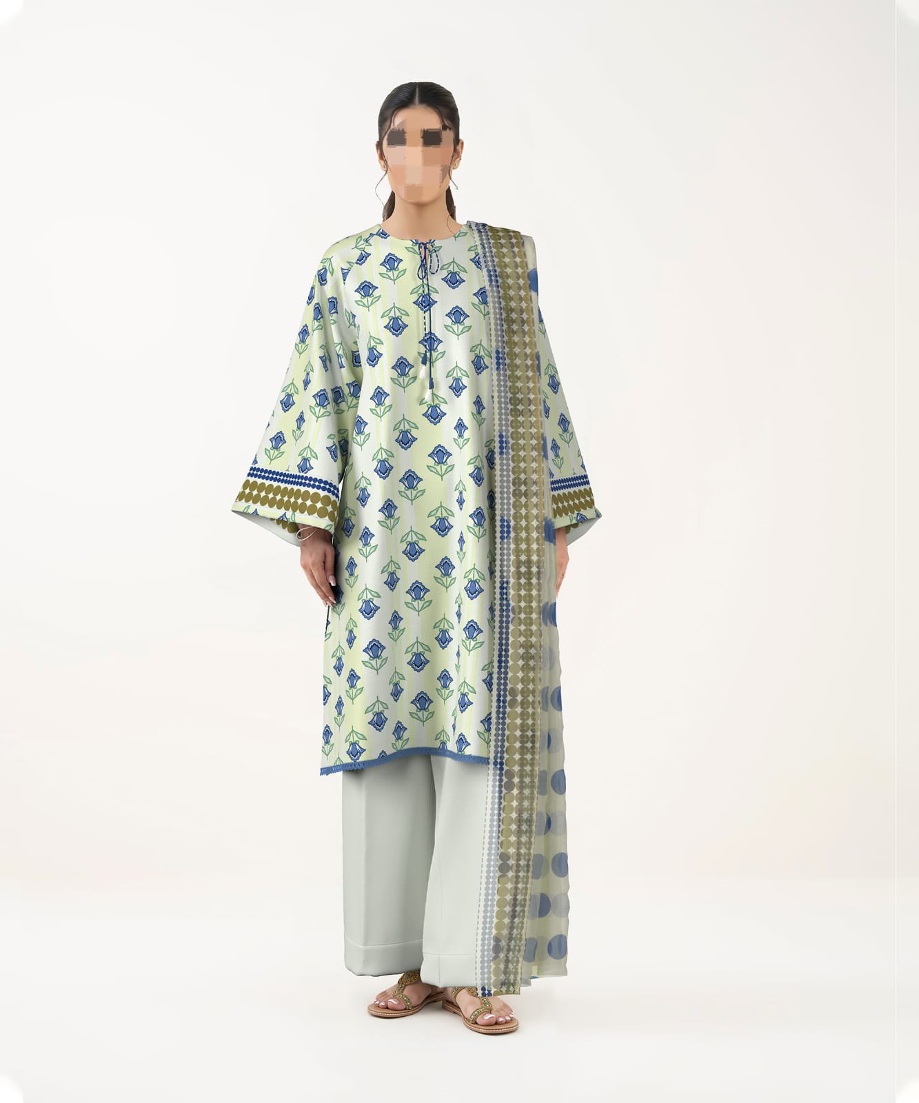 Women's 3-Piece Printed Lawn Suit – Mint Green & Blue Floral Motif with Geometric Dupatta