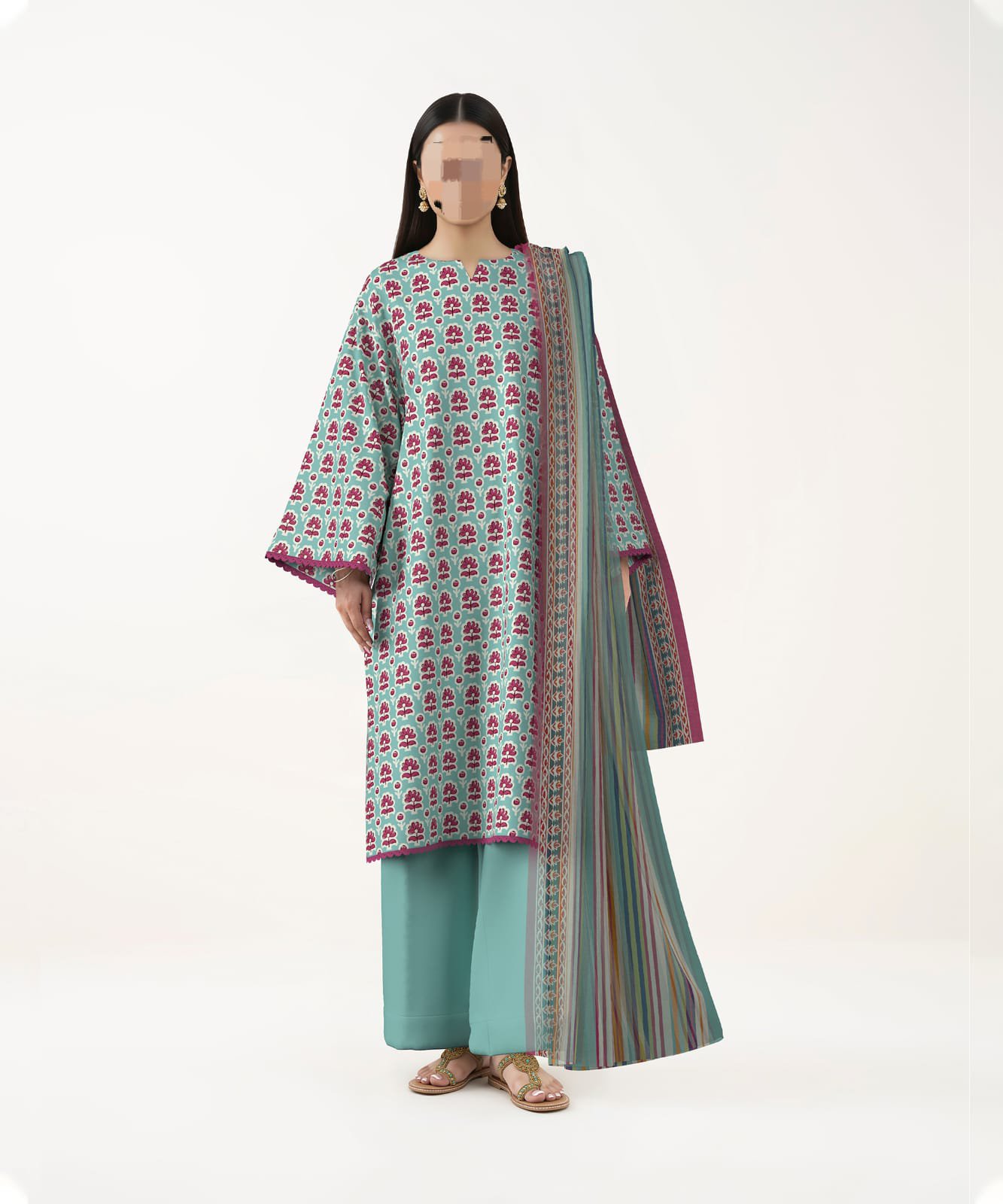 Women's 3-Piece Printed Lawn Suit – Teal & Magenta Floral Block Print with Striped Dupatta
