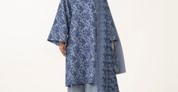 Women's 3-Piece Printed Lawn Suit – Steel Blue Floral Pattern with Geometric Dupatta