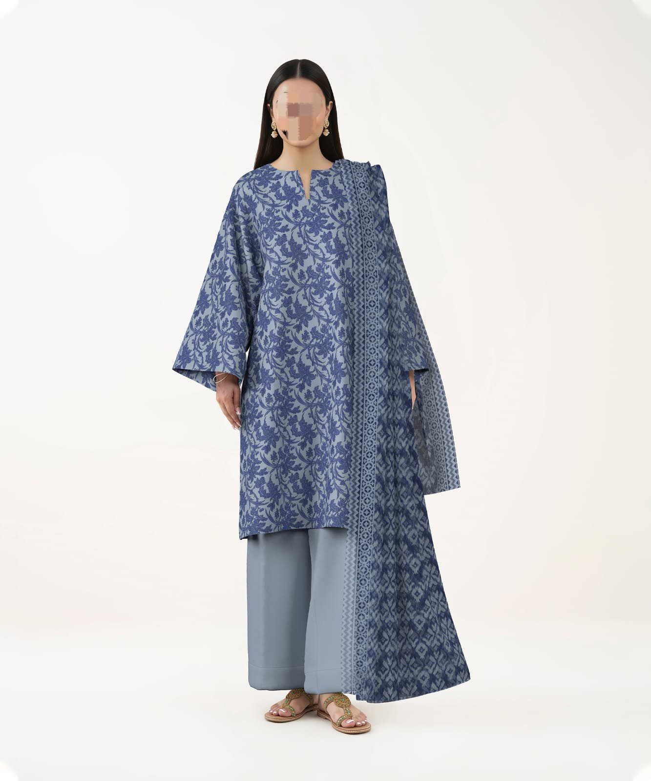 Women's 3-Piece Printed Lawn Suit – Steel Blue Floral Pattern with Geometric Dupatta