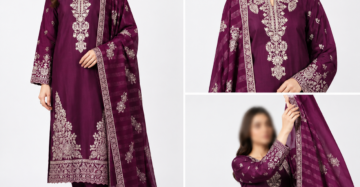 Women's 3-Piece Embroidered Doriya Lawn Suit — Deep Purple with Gold & Cream Embroidery & Jacquard Dupatta
