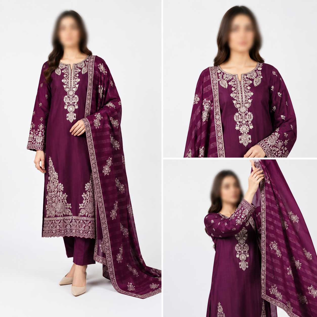 Women's 3-Piece Embroidered Doriya Lawn Suit — Deep Purple with Gold & Cream Embroidery & Jacquard Dupatta