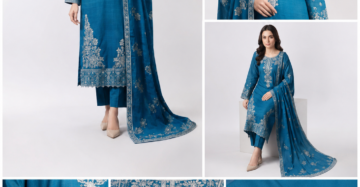 Women's 3-Piece Embroidered Doriya Lawn Suit — Teal Blue with Silver White Embroidery & Printed Dupatta