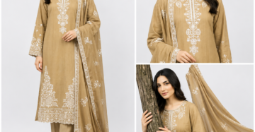 Women's 3-Piece Embroidered Doriya Lawn Suit — Golden Beige with White Chikankari Embroidery & Fancy Dupatta