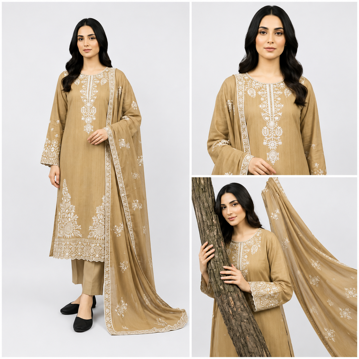 Women's 3-Piece Embroidered Doriya Lawn Suit — Golden Beige with White Chikankari Embroidery & Fancy Dupatta