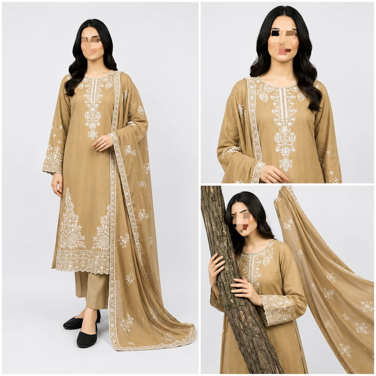 Women's 3-Piece Embroidered Doriya Lawn Suit — Golden Beige with White Chikankari Embroidery & Fancy Dupatta - Image 2