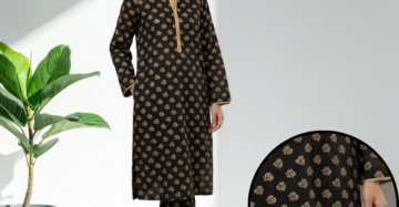 Women's 2-Piece Printed Lawn Suit — Black with Gold Small Floral Print