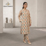Women's 2-Piece Printed Lawn Suit — Beige with Multicolor Leaf Ikat Print