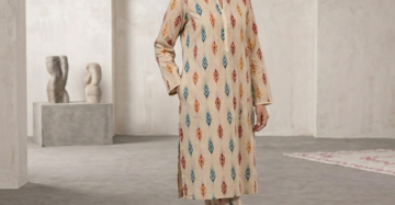 Women's 2-Piece Printed Lawn Suit — Beige with Multicolor Leaf Ikat Print