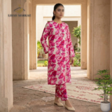 Women's 2-Piece Printed Lawn Suit — White & Hot Pink Large Floral Print