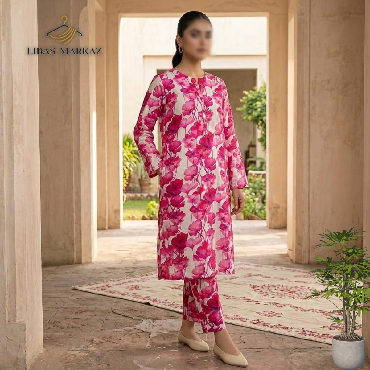 Women's 2-Piece Printed Lawn Suit — White & Hot Pink Large Floral Print