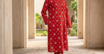 Women's 2-Piece Printed Lawn Suit — Red with White Geometric Bandana Print