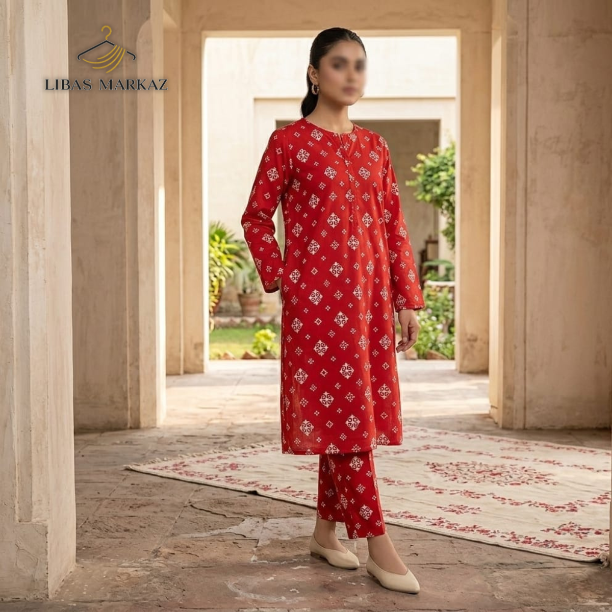 Women's 2-Piece Printed Lawn Suit — Red with White Geometric Bandana Print