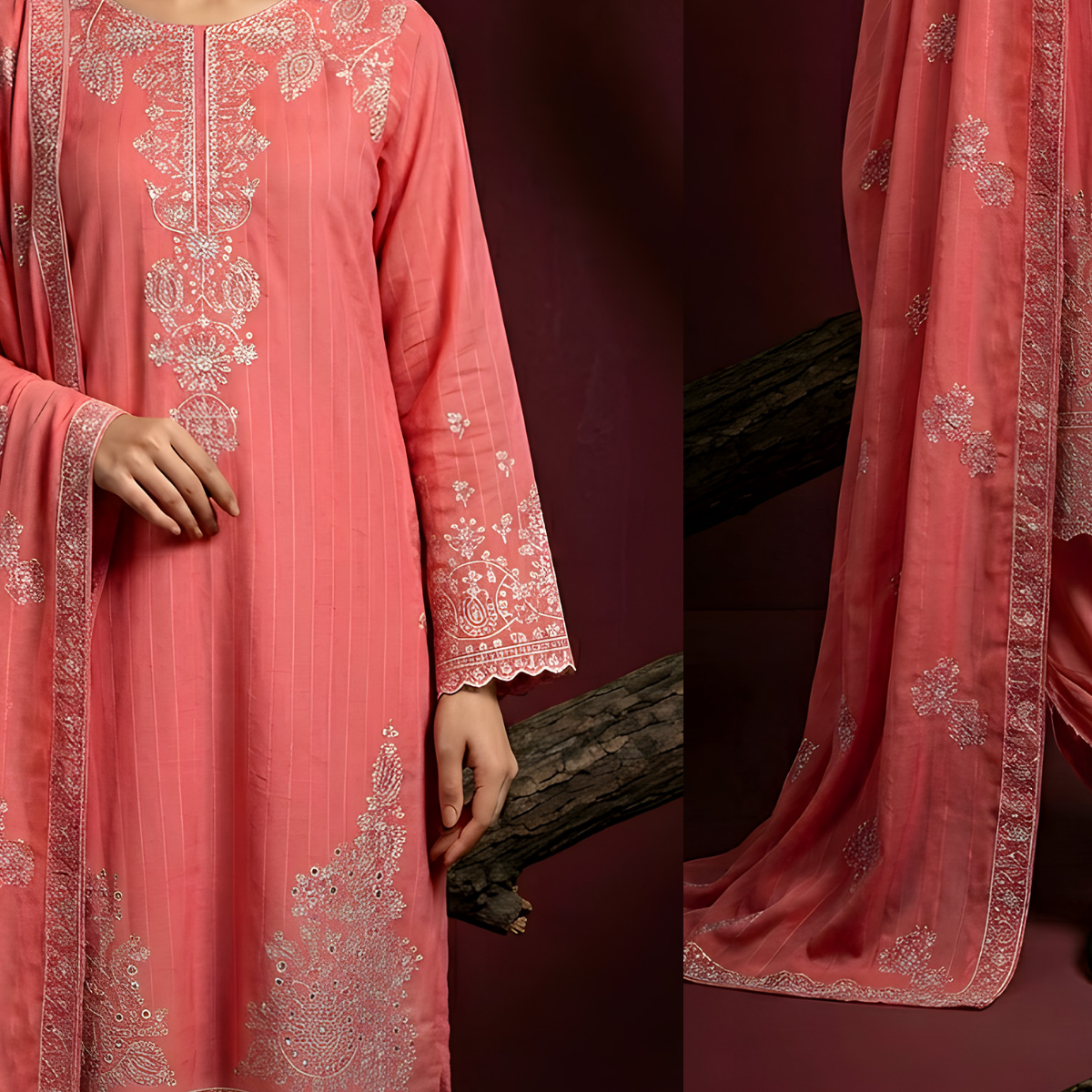 Sobia Waseem Specific Collection — 3-Piece Embroidered Doriya Lawn Suit | Peach Coral | Article-03 | Holiday Style - Image 2