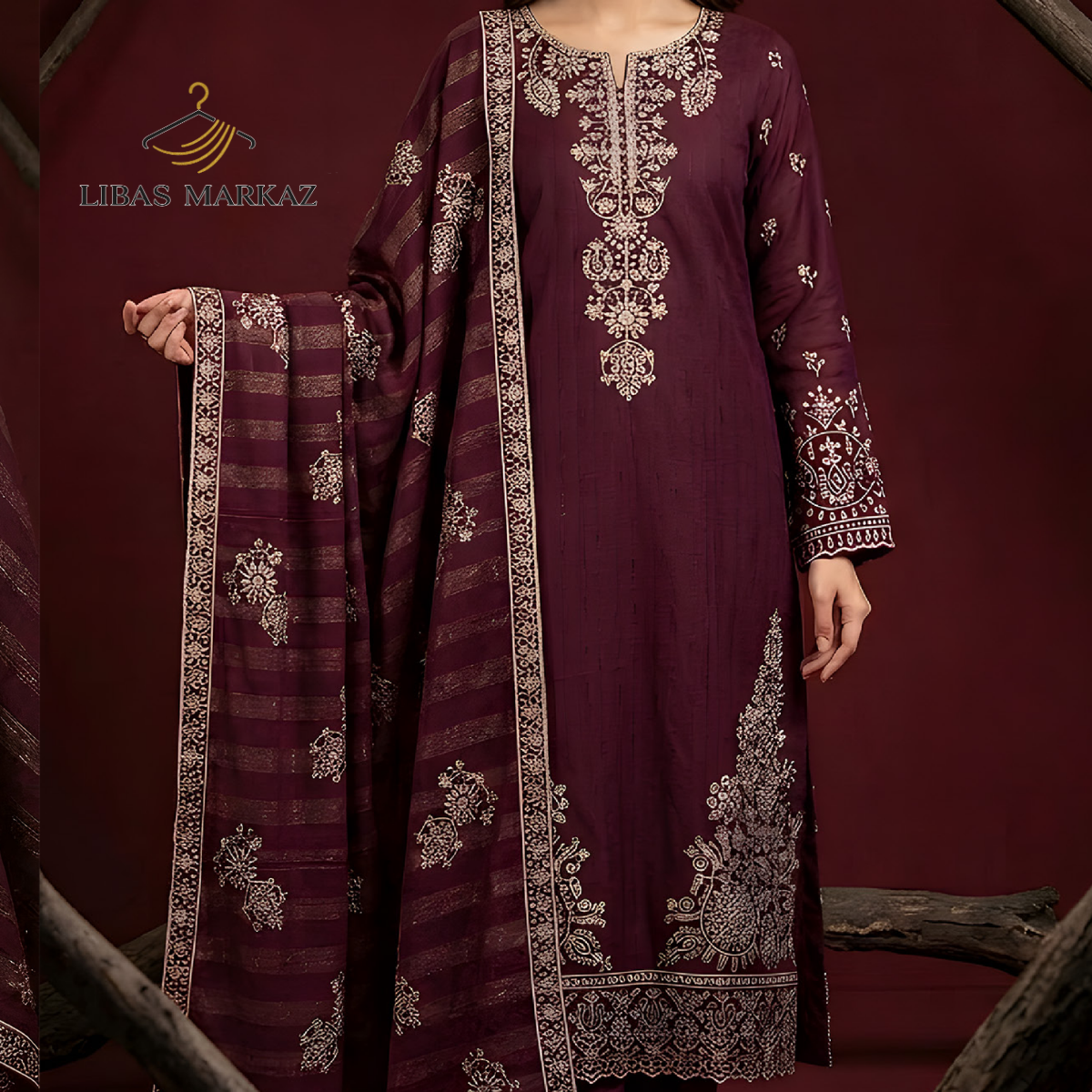 Sobia Waseem Specific Collection — 3-Piece Embroidered Doriya Lawn Suit | Deep Maroon | Article-02 | Holiday Style - Image 2