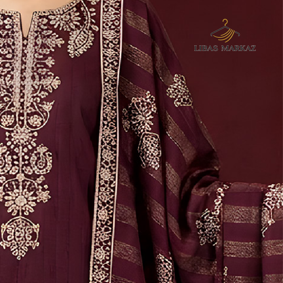 Sobia Waseem Specific Collection — 3-Piece Embroidered Doriya Lawn Suit | Deep Maroon | Article-02 | Holiday Style - Image 3