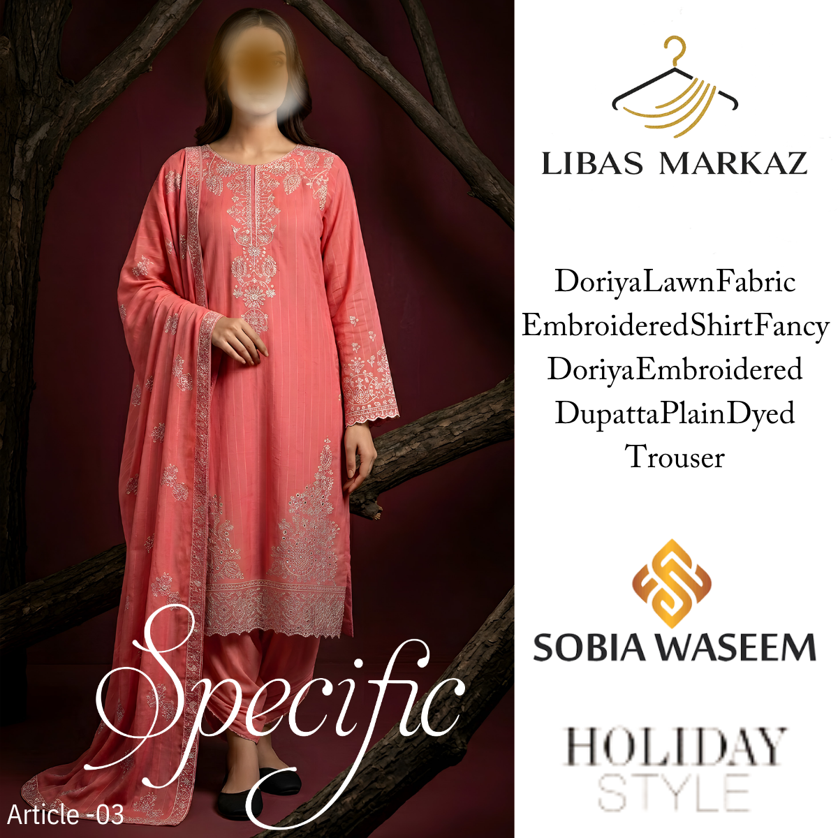 Sobia Waseem Specific Collection — 3-Piece Embroidered Doriya Lawn Suit | Peach Coral | Article-03 | Holiday Style