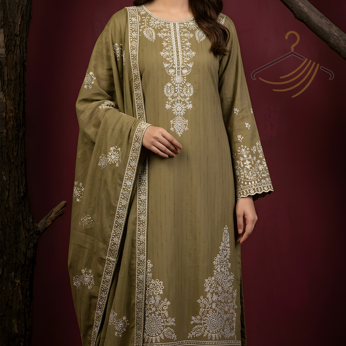 Sobia Waseem Specific Collection — 3-Piece Embroidered Doriya Lawn Suit | Olive Green | Article-04 | Holiday Style - Image 2