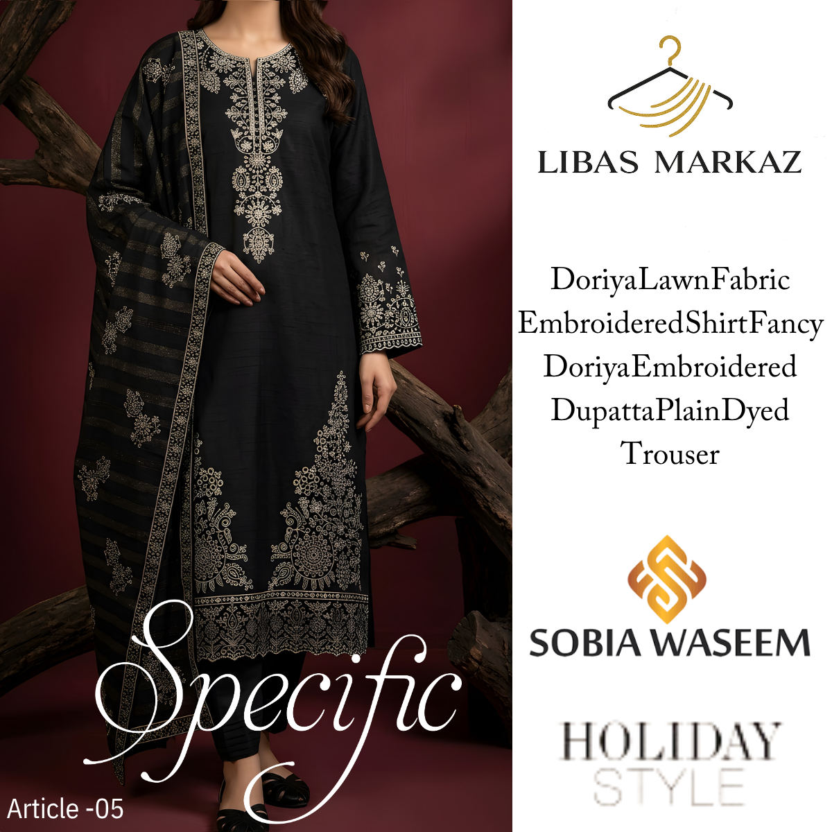 Sobia Waseem Specific Collection — 3-Piece Embroidered Doriya Lawn Suit | Black | Article-05 | Holiday Style