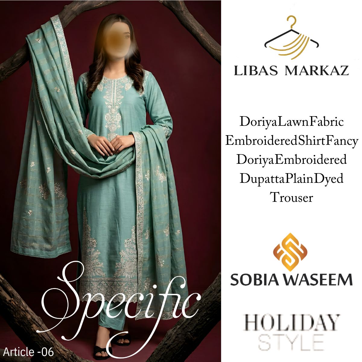 Sobia Waseem Specific Collection — 3-Piece Embroidered Doriya Lawn Suit | Teal Green | Article-06 | Holiday Style